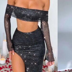 Black Sequin Off-Shoulder Crop Top